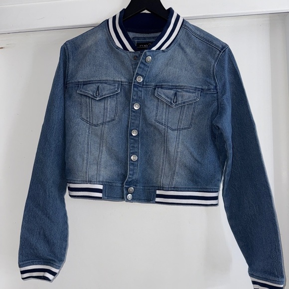 2/$15 Rue21 Blue Denim Jacket with Striped Collar - Picture 1 of 4
